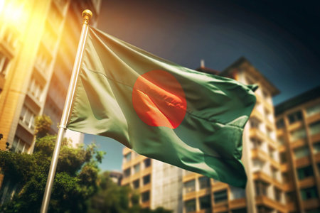 Bangladesh flag waving in the wind in the city. 3D Renderingの素材