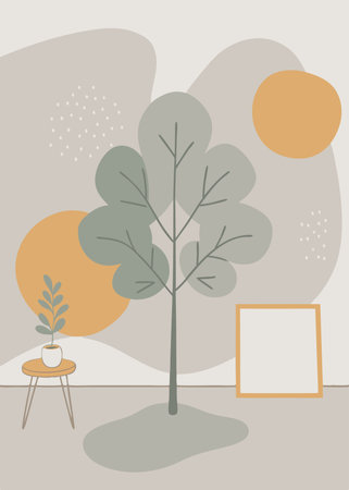 Vector illustration of a minimalistic interior with a tree and a frameのイラスト素材
