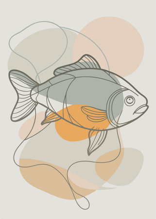 Fish drawn in line art style on abstract background. Vector illustration.のイラスト素材