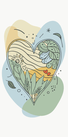 Hand drawn vector illustration of a heart with flowers and leaves. Doodle style.のイラスト素材