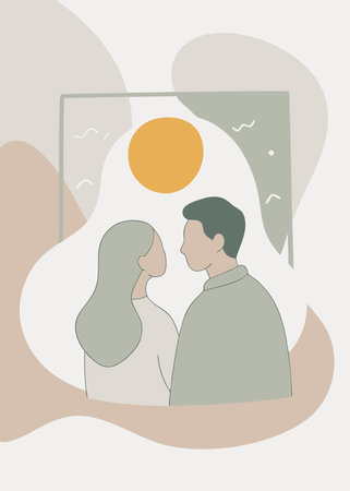 Illustration of a Couple Looking at the Sun through the Windowのイラスト素材