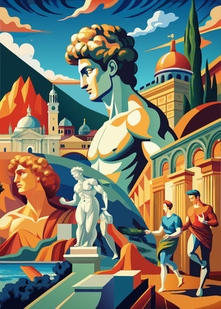 Ancient Greek gods on the background of the ancient city. Vector illustrationのイラスト素材
