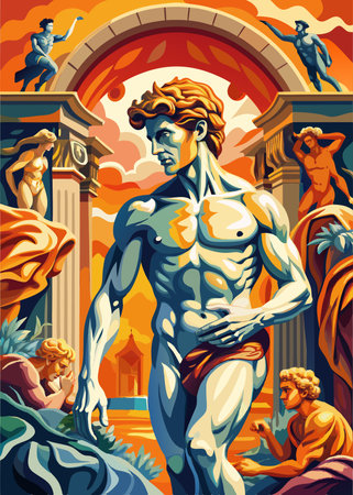Statue of Zeus in Athens, Greece. Vector illustration in a retro style.のイラスト素材