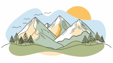 Mountains and forest. Vector illustration of a mountain landscape in the flat style.のイラスト素材