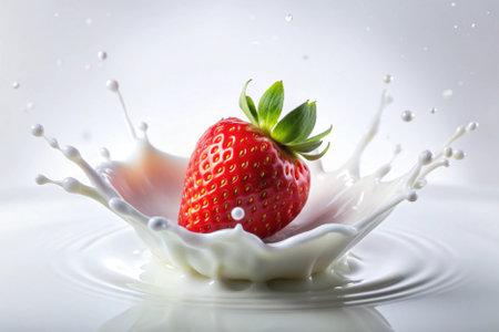 strawberry falling into milk splash isolated on white background close upの素材