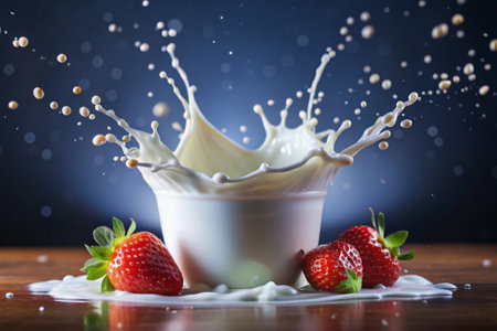 Milk splash with fresh strawberries on wooden table over dark background.の素材