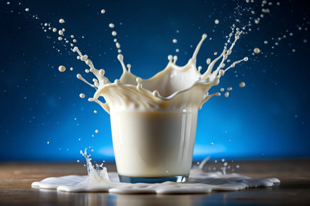 Milk splashing out of a glass on a wooden table.の素材