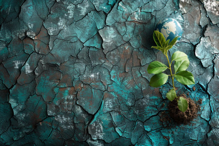 Green sprout and earth on cracked blue background. Ecology concept.の素材