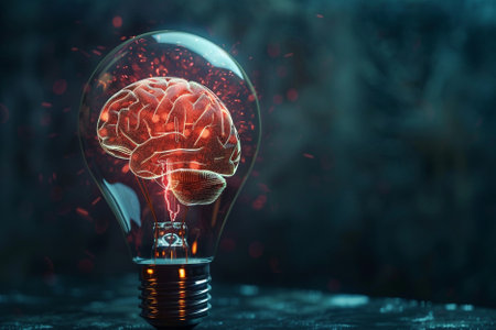 Human brain inside of light bulb on dark background. 3D renderingの素材