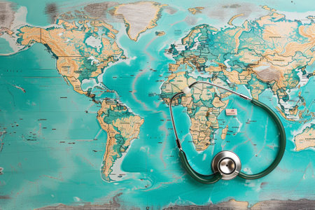 Stethoscope on world map background. Medical and healthcare concept.の素材