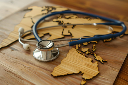 Stethoscope and map of the world on a wooden background.の素材