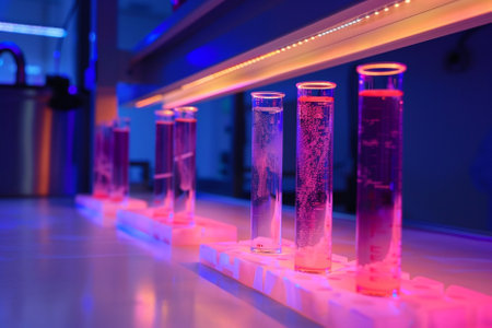 Laboratory glassware with liquid in test tubes, closeup of photoの素材