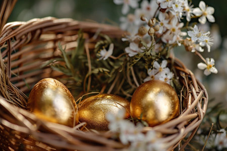 Golden Easter eggs in a wicker basket on a background of spring flowersの素材