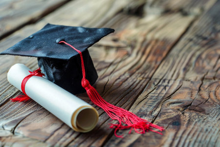 Graduation cap and diploma on a wooden background. Education concept.の素材