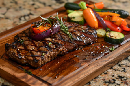 Grilled beef steak with vegetables on a wooden board. Selective focusの素材