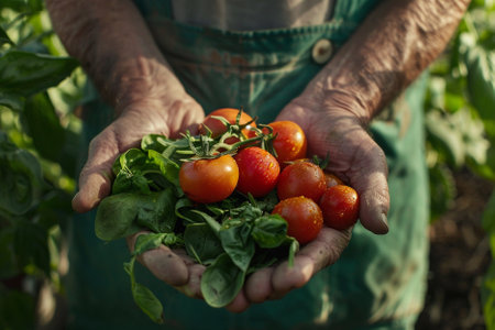Closeup of senior woman hands holding fresh cherry tomatoes in her gardenの素材
