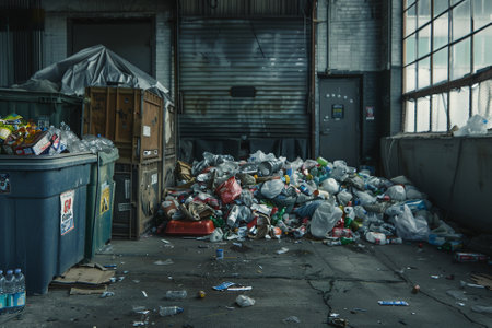 Abandoned and crumpled garbage in an industrial building.の素材