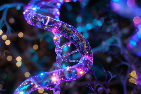 DNA structure, 3D illustration of a DNA molecule with glowing lightsの素材