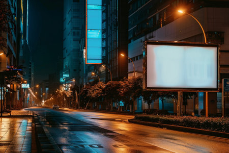 Blank billboard on the street at night in Shanghai, China.の素材