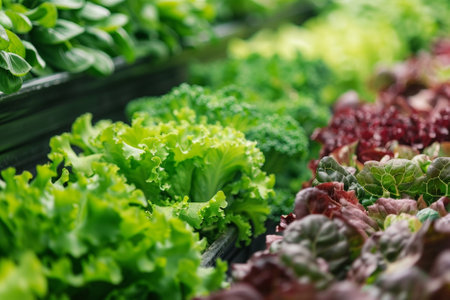 Variety of fresh lettuce in the market. Selective focus.の素材
