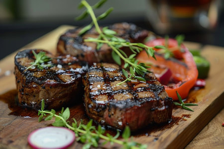 Grilled steak with herbs and vegetables on a wooden board in a restaurantの素材