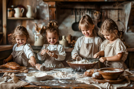Children in the kitchen. Little girls are preparing dough for baking.の素材