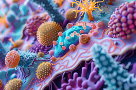 Viruses and bacteria on a colorful background. 3d renderingの素材