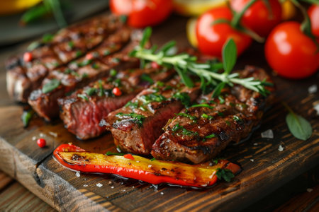 Tasty grilled steaks with vegetables on cutting board, closeupの素材