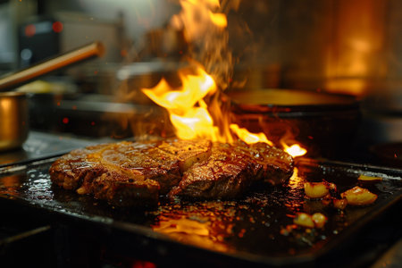 Beef steak on the grill with flames in the restaurant kitchen.の素材