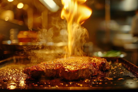 Beef steak being grilled on a grill pan with flames in the backgroundの素材