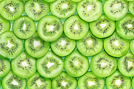 Kiwi fruit slices on green background. Seamless pattern.の素材