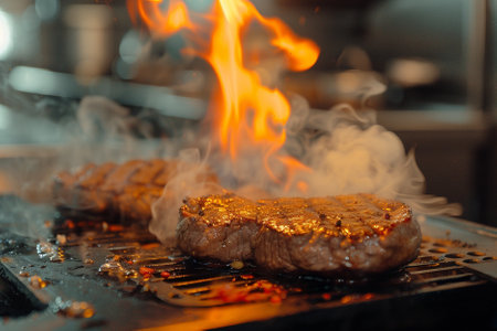 Beef steaks are fried on a gas grill in a restaurantの素材