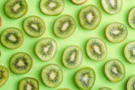 Kiwi fruit pattern on green background. Flat lay, top viewの素材