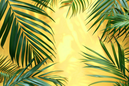 Tropical palm leaves on yellow background, flat lay. Space for textの素材