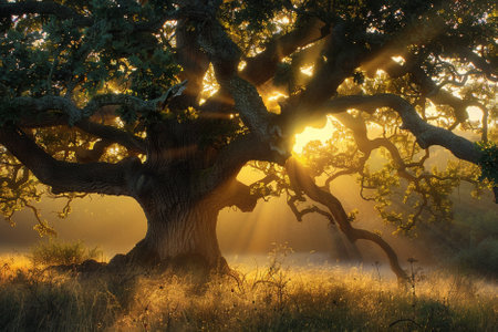 Old oak tree with sunbeams in the morning light. HDR imageの素材