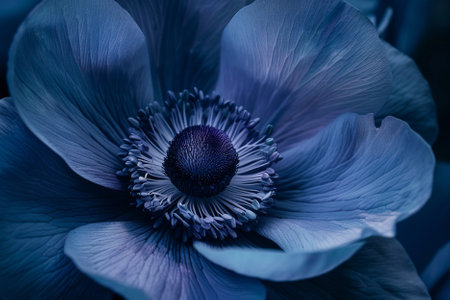 Close up of blue anemone flower. Nature background. Toned.の素材