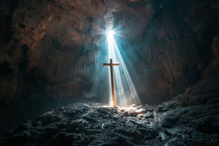 Cross in the cave. Christian religion concept. 3D Renderingの素材