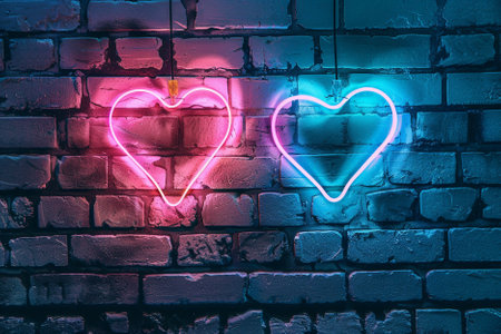 Neon heart on brick wall background. Valentine's day concept.の素材