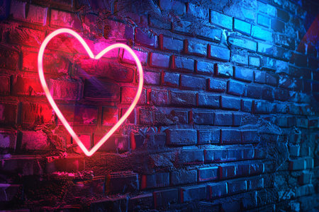 Neon heart on brick wall background. Valentine's day concept.の素材