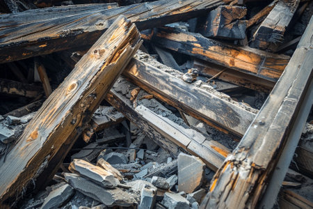 Ruins of a building after a fire, close-up.の素材
