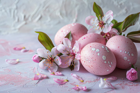 Easter eggs with spring flowers on a light background. Selective focus.の素材