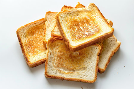 Slices of toast bread on white background, top view.の素材