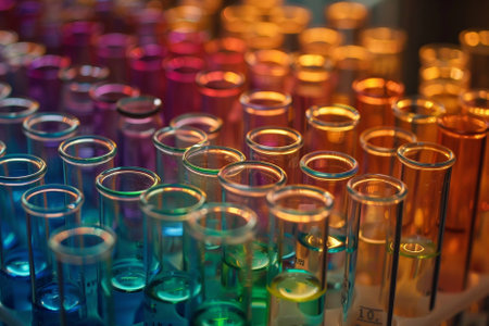 Test-tubes with colored liquids in a science laboratory, shallow depth of fieldの素材