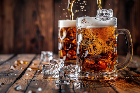 Pouring beer into glass with ice cubes on rustic wooden backgroundの素材