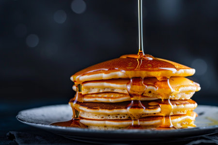 Pancakes with maple syrup and honey on a dark background.の素材
