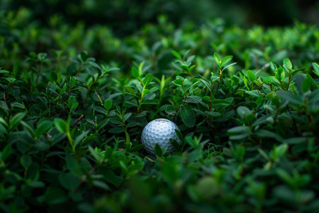 Golf ball on green grass. Close up of golf ball on green grassの素材