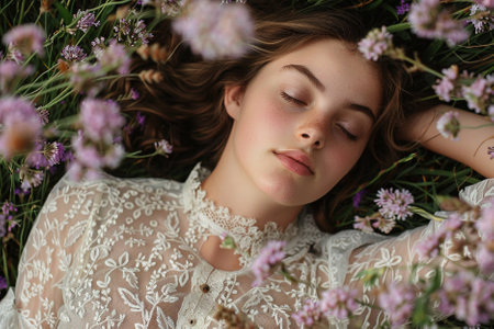 Beautiful young woman lying on the grass with flowers in her hairの素材