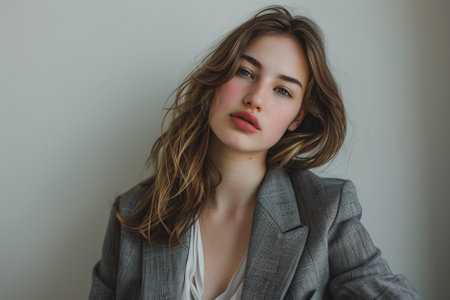 Portrait of a beautiful girl in a gray jacket on a gray backgroundの素材