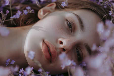 Beautiful young woman lying among purple flowers. Beauty, fashion.の素材