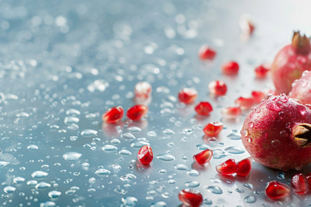 Ripe pomegranates on a blue background with water dropsの素材